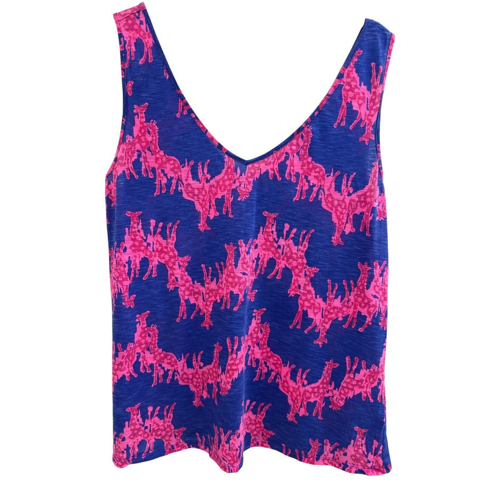 Lilly Pulitzer Pink Blue Giraffe Print Cotton V-Neck Tank Top Travel ChicSize L